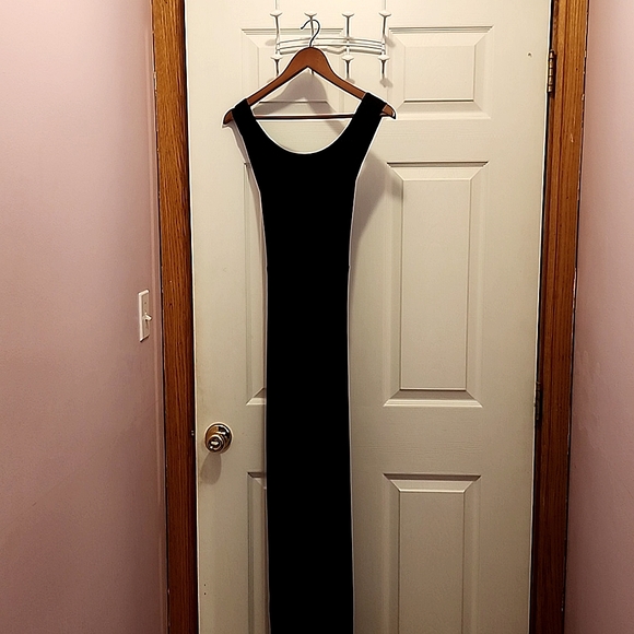 Express Size 11/12 long black dress. Side slit-cross back low cut- nylon/spandex - Picture 1 of 1